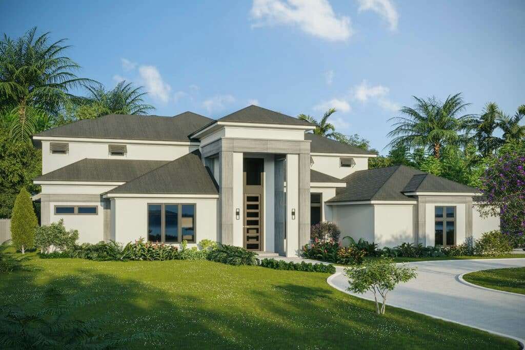 Modern contemporary house with gray roof, white walls, and a tall entrance, surrounded by a lush green lawn and palm trees under a blue sky.