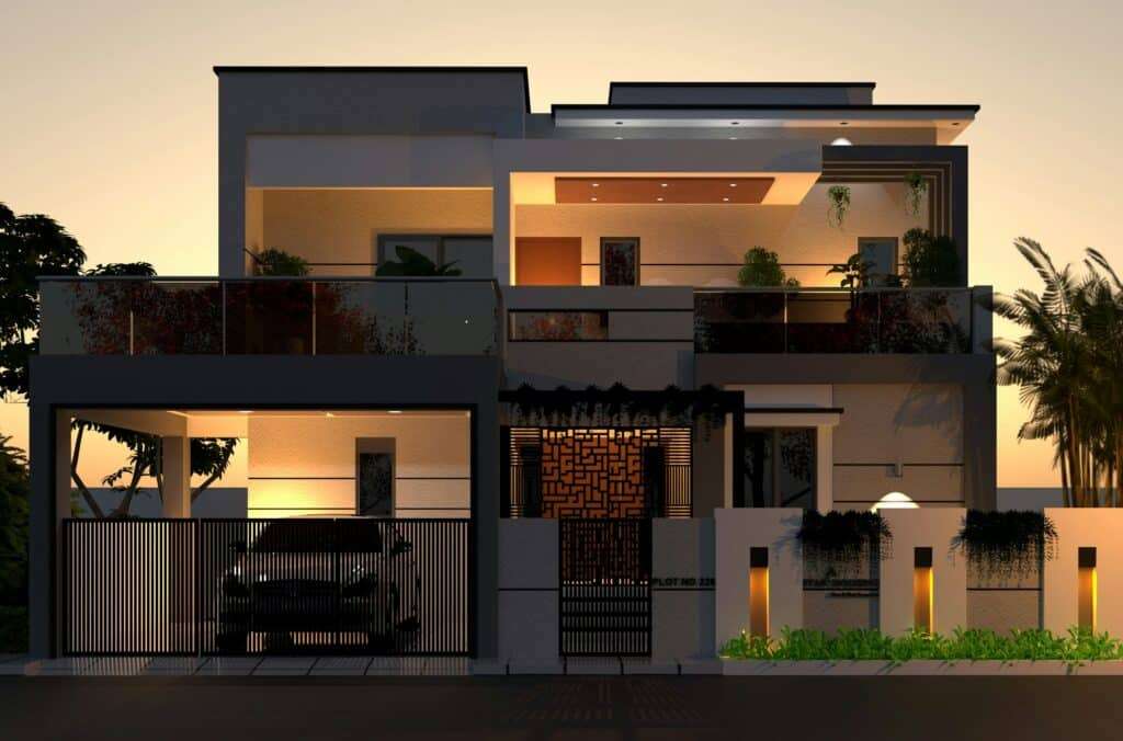 Modern multi-story house at sunset with lit entrance, glass balconies, and a gated driveway with a parked car.