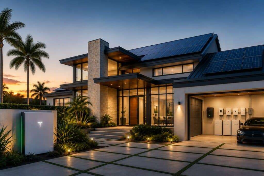 Luxury custom home with rooftop solar panels, whole-home battery storage, and energy-efficient design showcasing energy independence in South Florida.