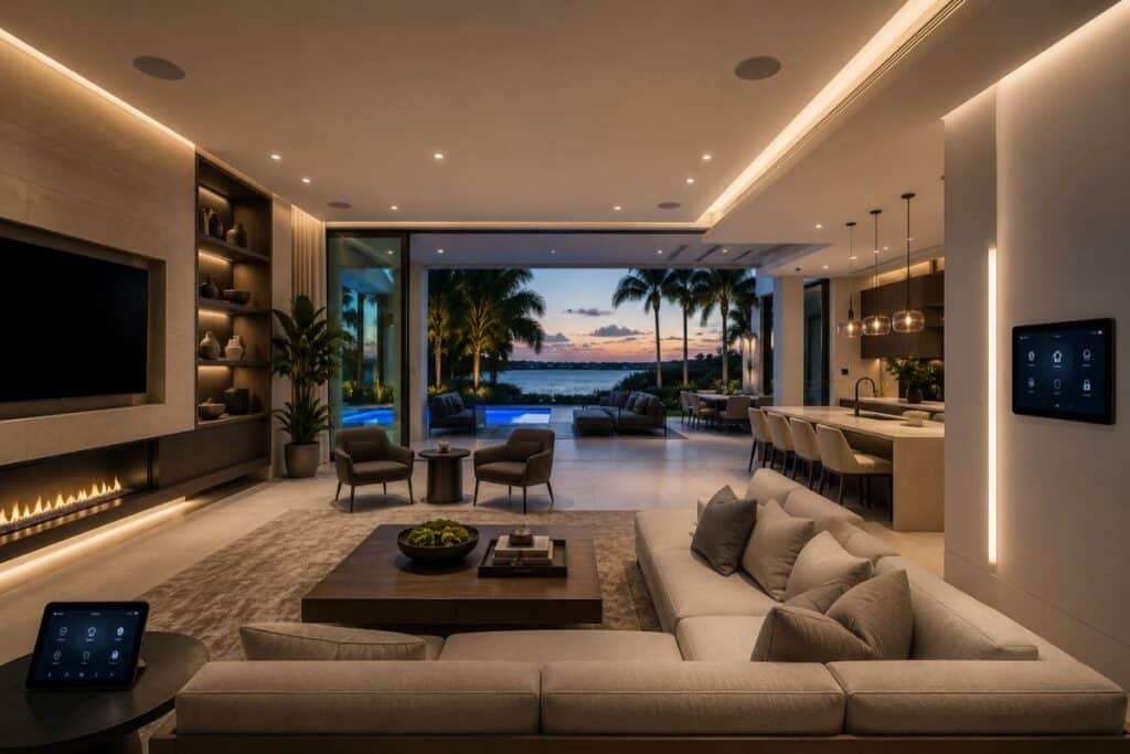 Invisible smart home featuring seamless technology, automated lighting, integrated controls, and luxury indoor-outdoor living.
