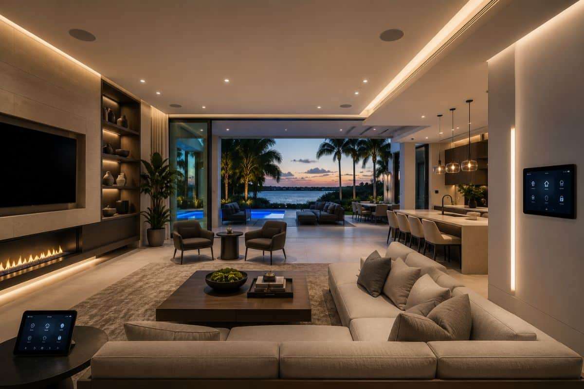 Invisible smart home featuring seamless technology, automated lighting, integrated controls, and luxury indoor-outdoor living.