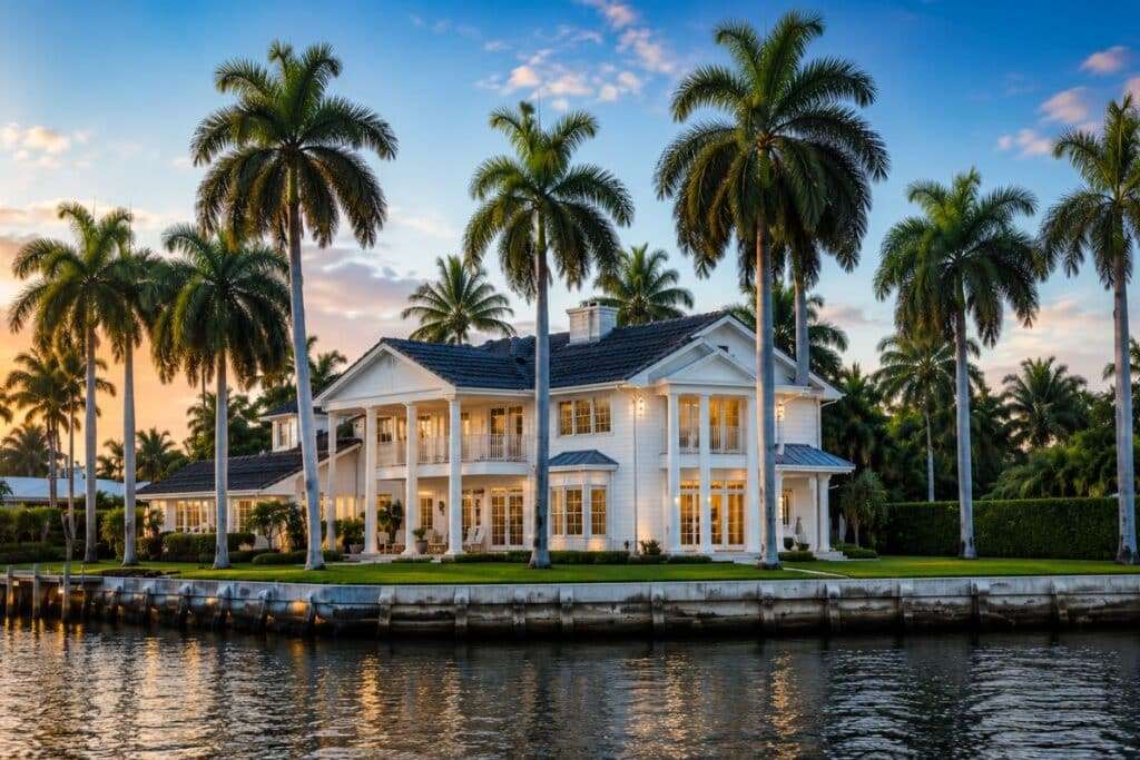 Ronin Development luxury Intracoastal custom home in South Florida featuring classic coastal architecture, towering royal palms, a private seawall, and expansive waterfront views.