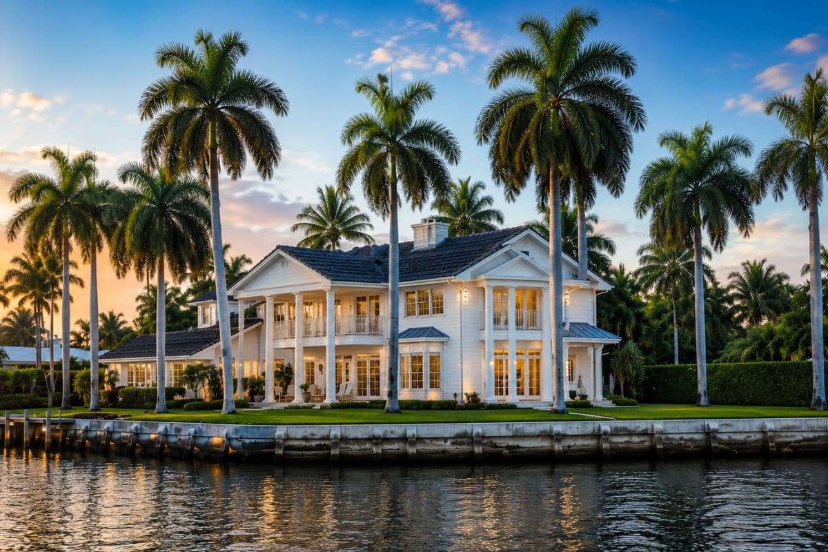 Ronin Development luxury Intracoastal custom home in South Florida featuring classic coastal architecture, towering royal palms, a private seawall, and expansive waterfront views.