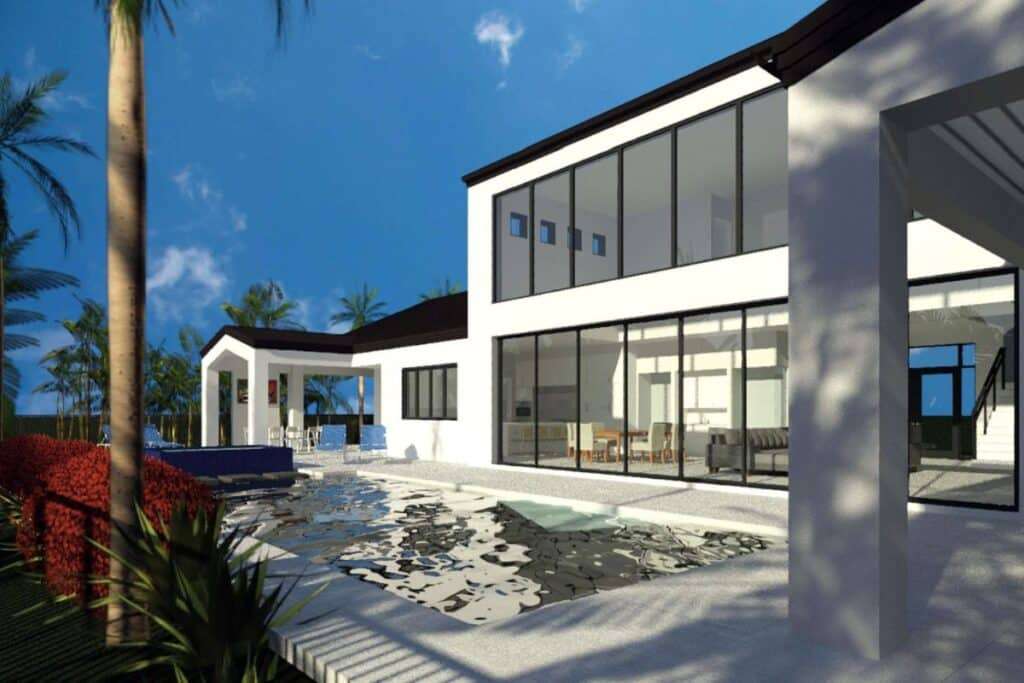 3D architectural rendering of a modern South Florida luxury custom home with expansive glass walls, a waterfront-style pool, and tropical landscaping, designed by Ernest Rivellino.