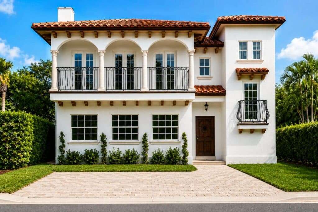Luxury custom Mediterranean style home built by Ronin Development in South Florida featuring elegant white stucco architecture, clay tile roof, arched balconies, custom iron railings, and premium craftsmanship.