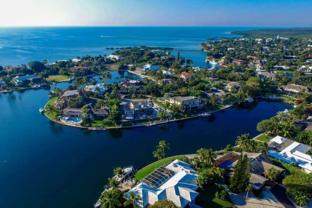 Aerial view of luxury waterfront homes and canals in South Florida