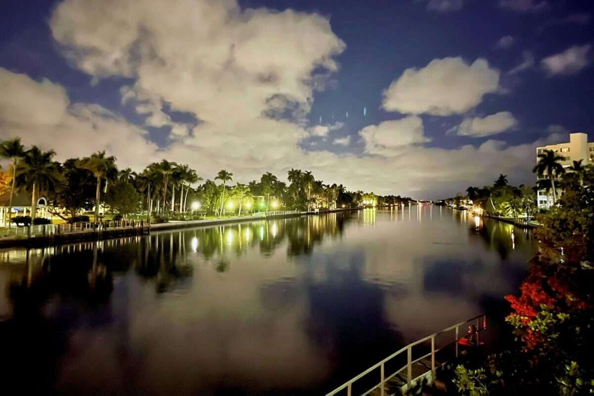 Luxury waterfront homes and palm trees illuminated at night along a South Florida canal