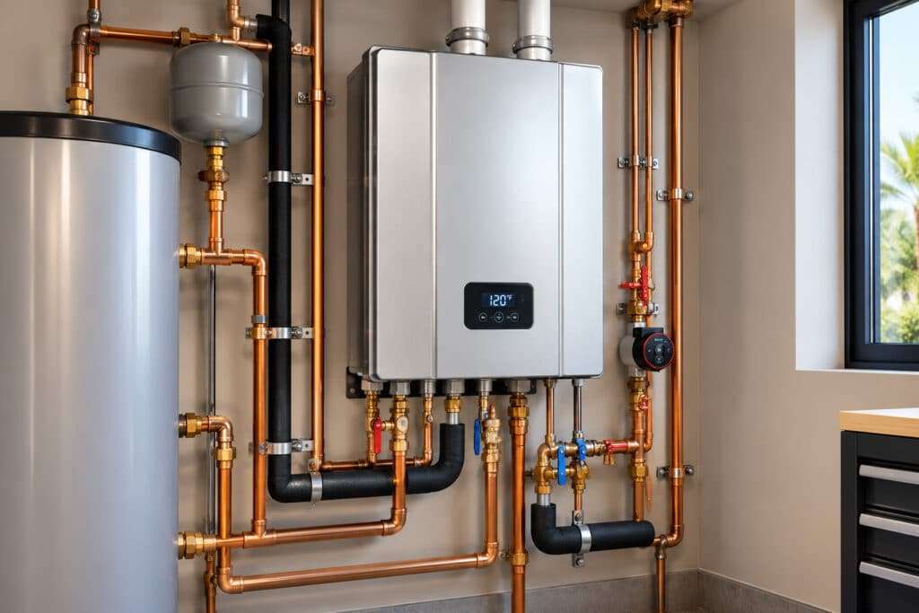 Luxury home tankless water heater system with recirculation and copper piping