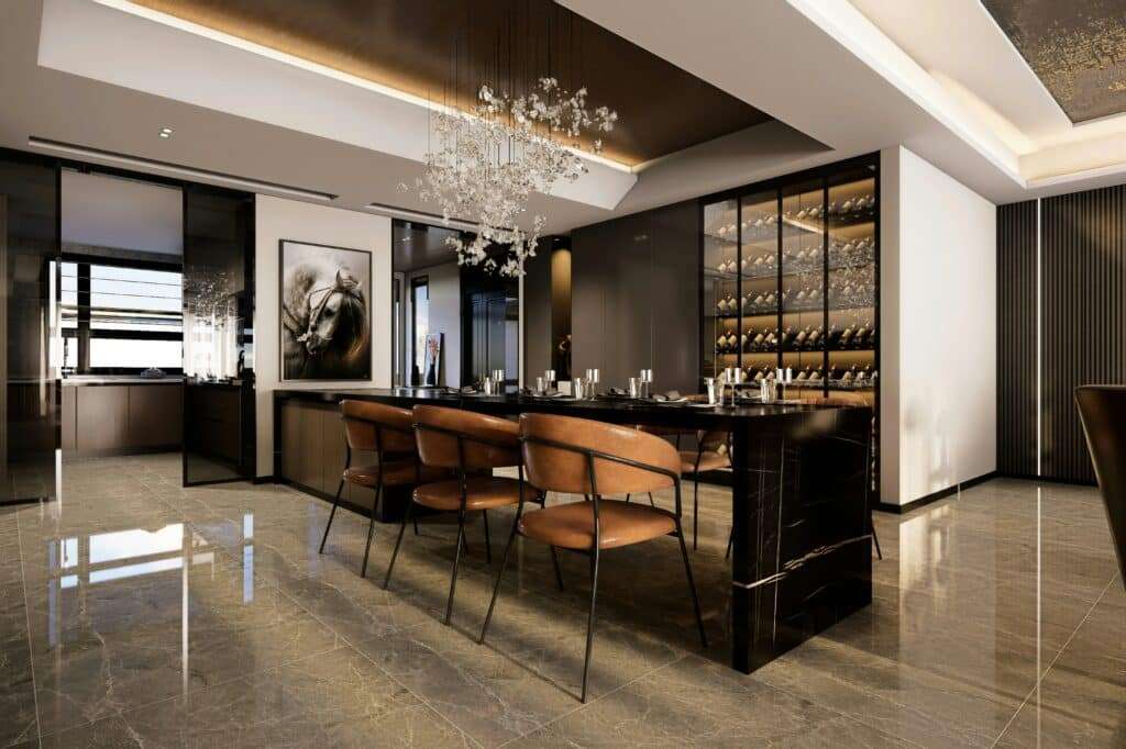 Luxury South Florida home dining room with a glass-enclosed, climate-controlled wine display
