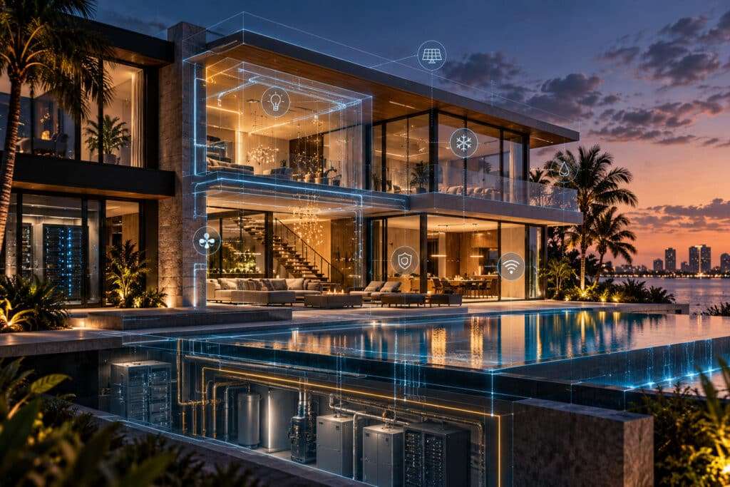 Digital twin technology visualized in a South Florida luxury home with integrated HVAC, water, electrical, security, and smart building systems